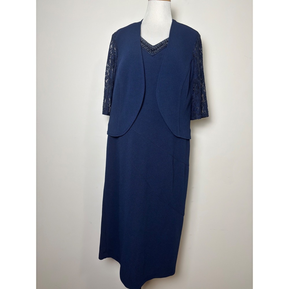 Maya Brooke Womens Jacket Dress 2PC 14W Navy Blue‎ Beaded Lace Bolero Occasion